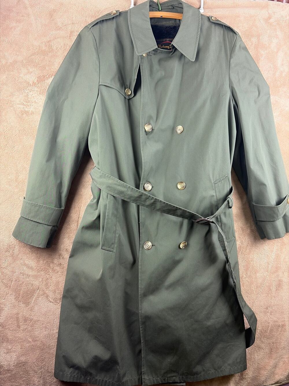 Vtg Botany 500 Men’s 44L Trench Coat Olive Green Double Breasted Belted Jacket